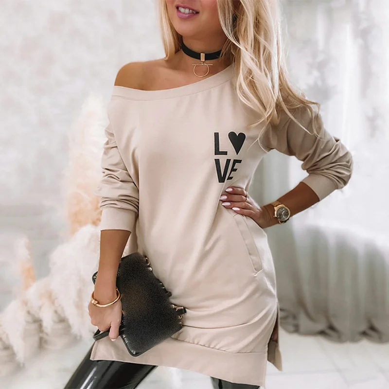 

Casual Long Sleeve Slit Letter Print One Shoulder Dress Women Spring Fall Heart Straight Pockets Mini Dresses Elegant 2022