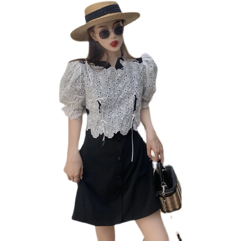 

COIGARSAM French Style Patchwork Women dress Spring Summer Lace Hollow Out Dresses 3150