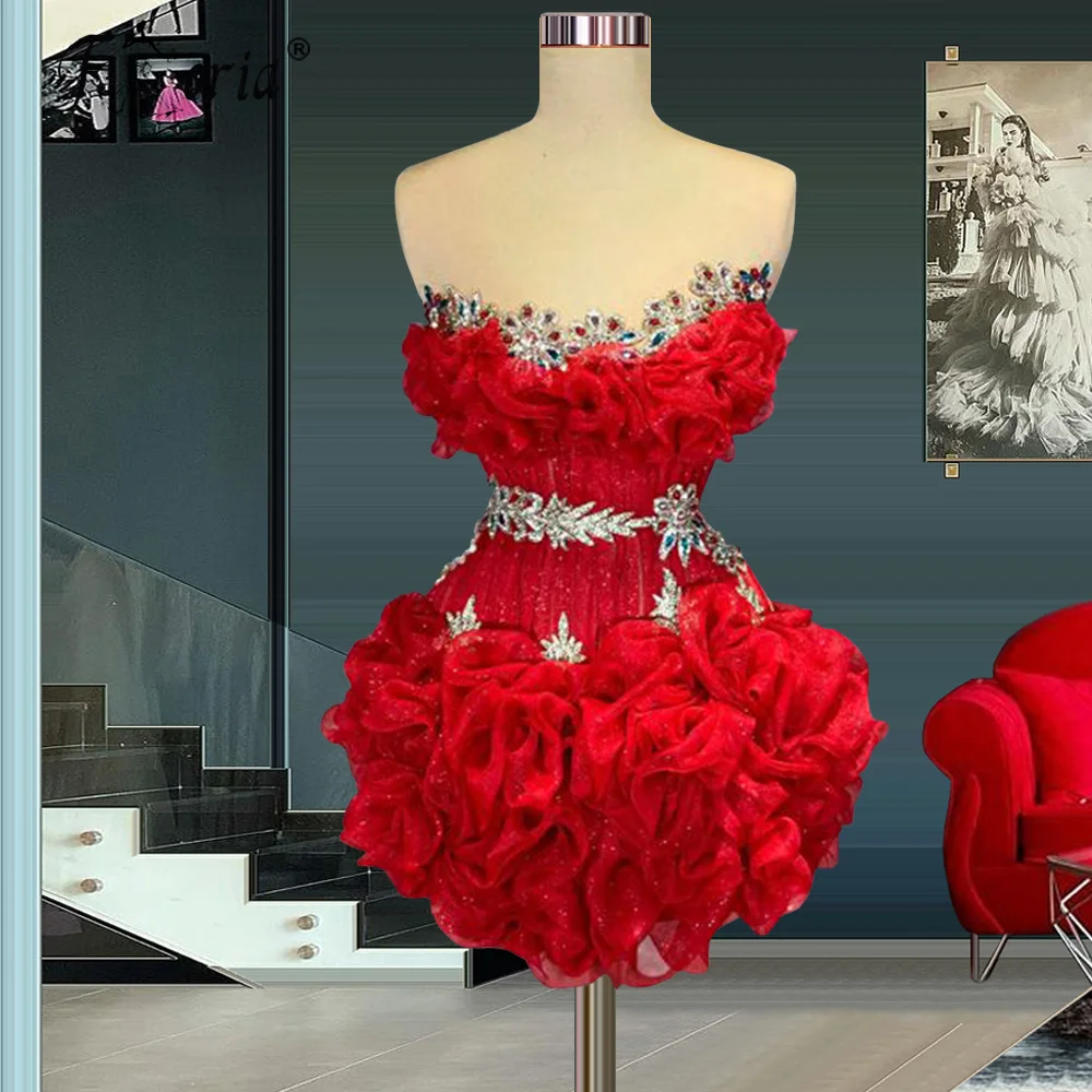 

Haute Couture Cocktail Dresses Sleeveless Cute Red Rose Rhinestones Short Prom Dress African Woman Formal Party Gown
