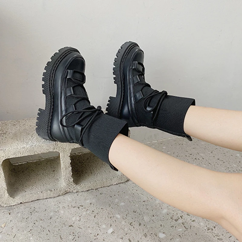 

Luxury Brand Designer Platform Boots Women PU Leather Lace up Ankle Boots for Women Chunky Motorcycle Boots Shoes Woman black