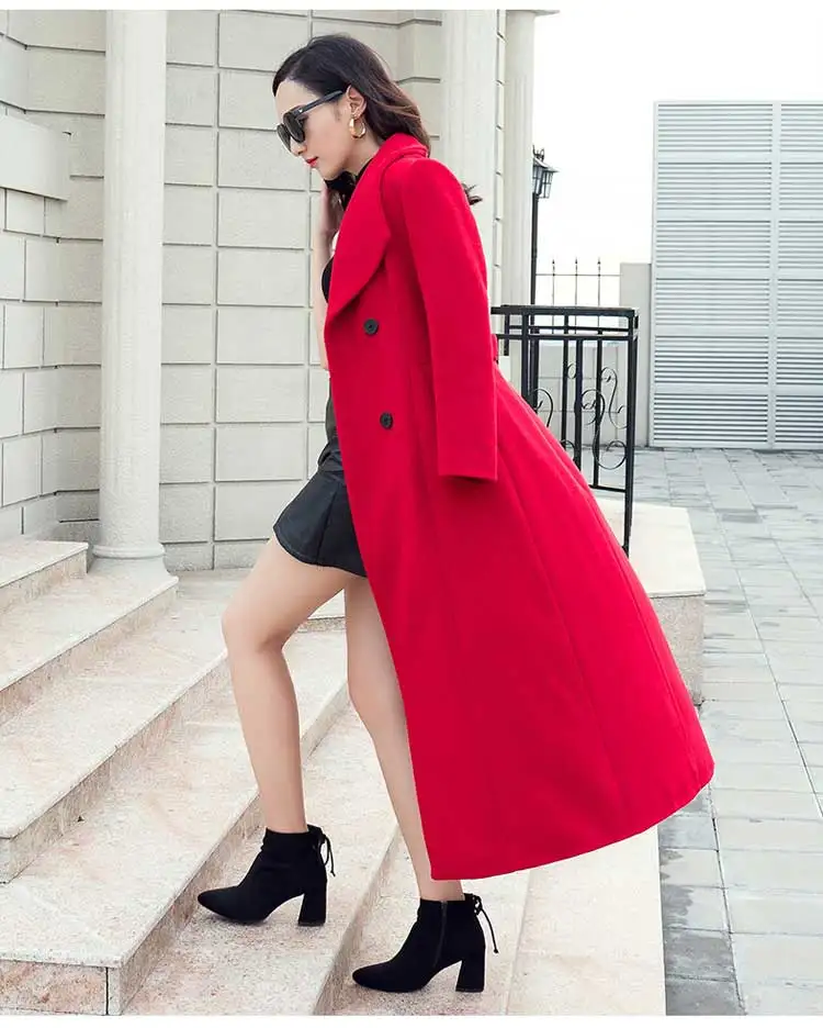 Двубортное шерстяное пальто выше колена Женское зимнее утепленное длинное