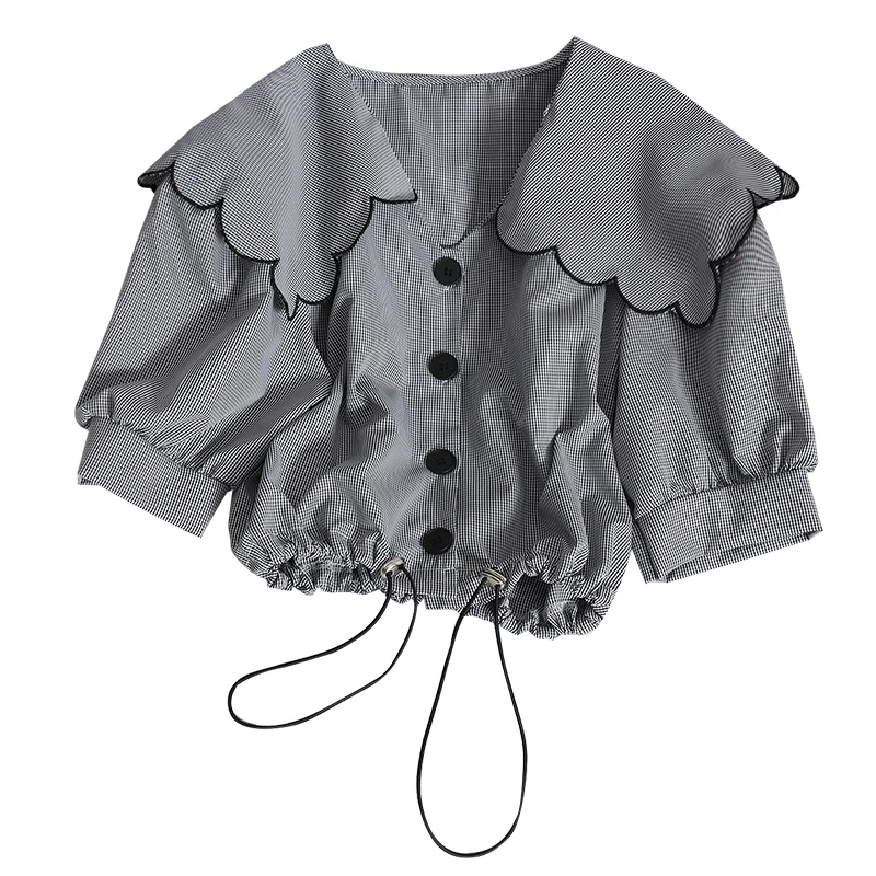 

Kimutomo Peter Pan Collar Short Blouse Women Drawstring Hollow Out Waist Single Breasted Korean Color Contrast Shirt Female Top
