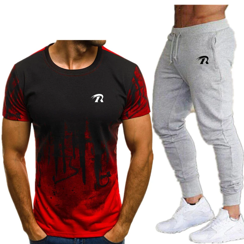 

2021 fashion trend short sleeve summer men's suit classic best selling ink printing T-shirt + shorts suit casual sportswear