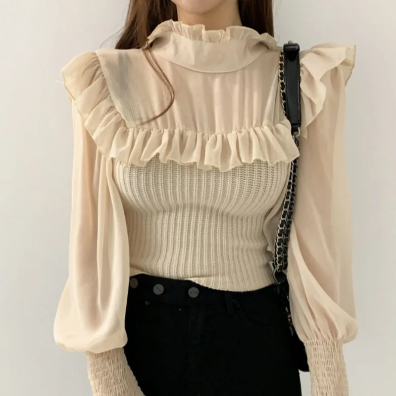

Korean Early Autumn Elegant Temperament Half High Collar Ruffled Slimming Lantern Sleeve Knitted Chiffon Stitching Shirt Women