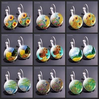 fashion silver color simple style earings van gogh famous artist starry night drop earrings glass cabochon jewelry women gifts