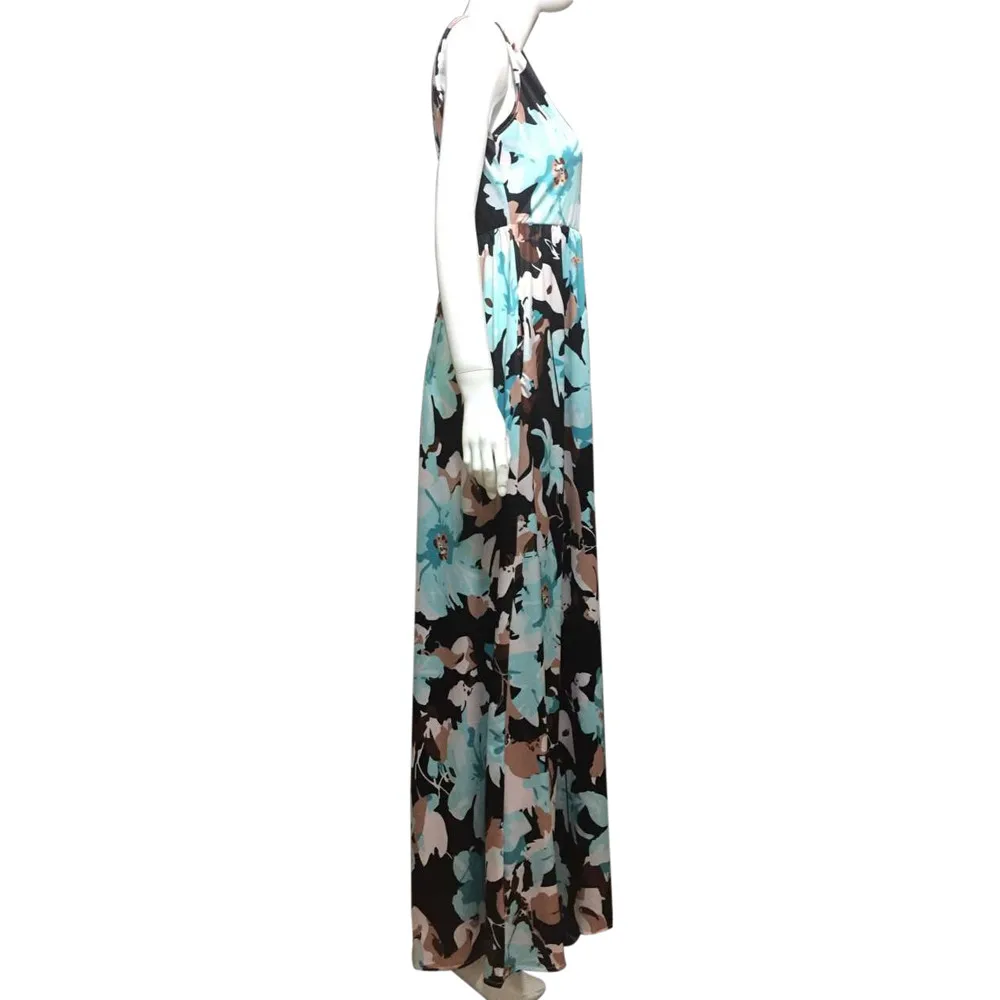 

Summer Maxi Dress Women O Neck Sleeveless Floral Print Long Dresses High Waist A-line Boho Beach Dress Vestidos De Verano S-5XL