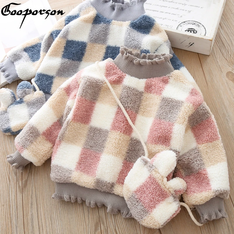 

Girls Long Sleeve Sweatshirt with Free Bag Winter Thick Warm Pullover Cute High Quality Clothing for Baby Girls Plaid Sweaters