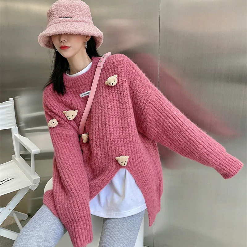 

Sweater women's round neck loose outer wear Pullover lazy wind autumn and winter New Vintage bear knitted top fashion
