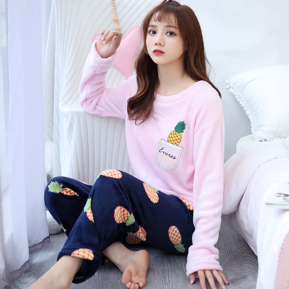 pajamas Зимние теплые пижамы для женщин с длинным рукавом, толстые коралловые бархатные пижамные комплекты, цветочные фланелевые бархатные пижамы Feminino Pijama Mujer - Цвет: pajamas