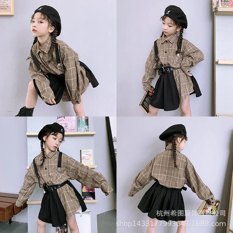 Осень 2020 новый костюм для девочек клетчатая рубашка юбка средней длины из двух