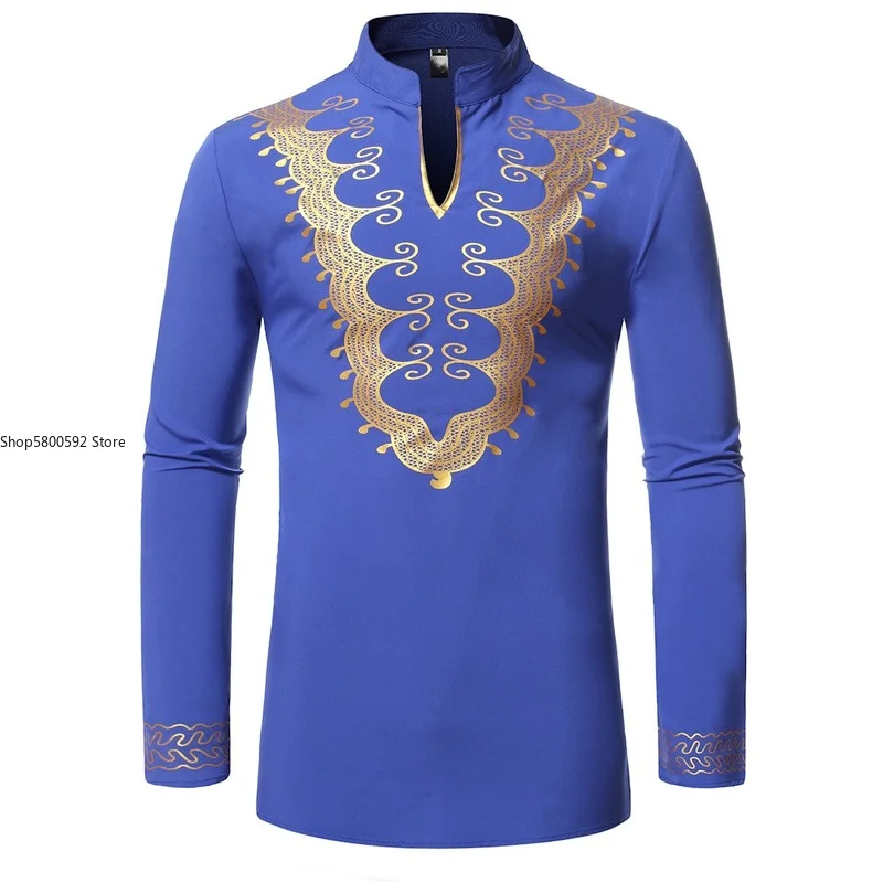 

Dashiki men's long-sleeved shirt Male African-print Tops ankara style and long-sleeved collar design Territorial Print Robe