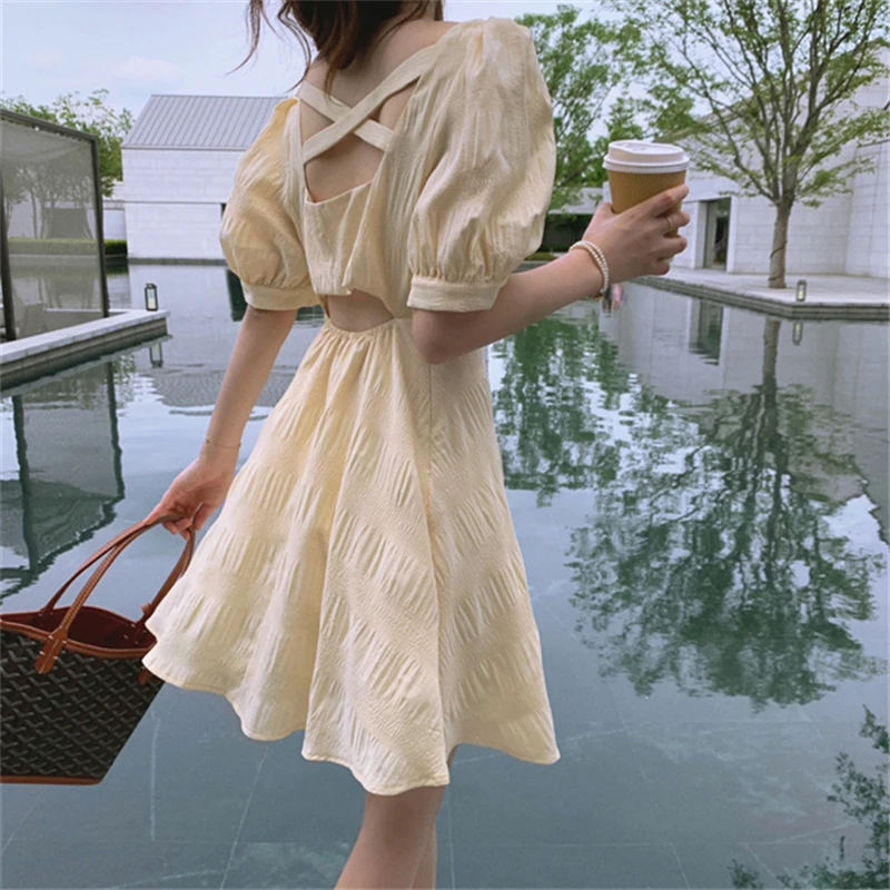 

Elegant V-Neck High Waist Backless Hollow Out Dress Korean Puff Sleeve Chiffon A-Line Mini Dress Women Vintage Lady Vestidos