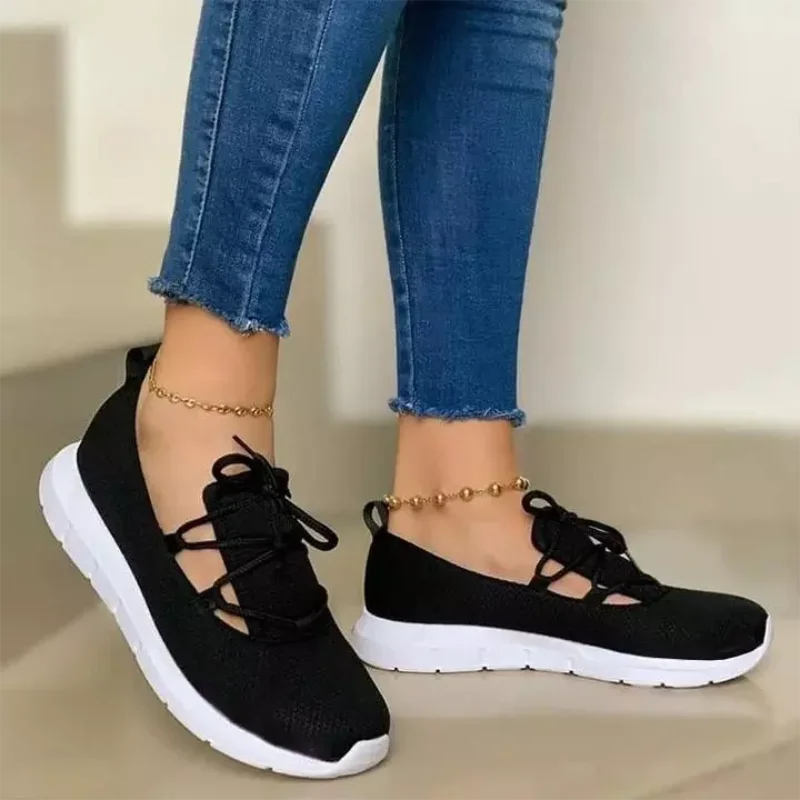 

Women's Knitted Solid Color Lace-up Flat-heeled Non-slip Soft and Comfortable Fashion Casual All-season Sneakers Sapato XM002