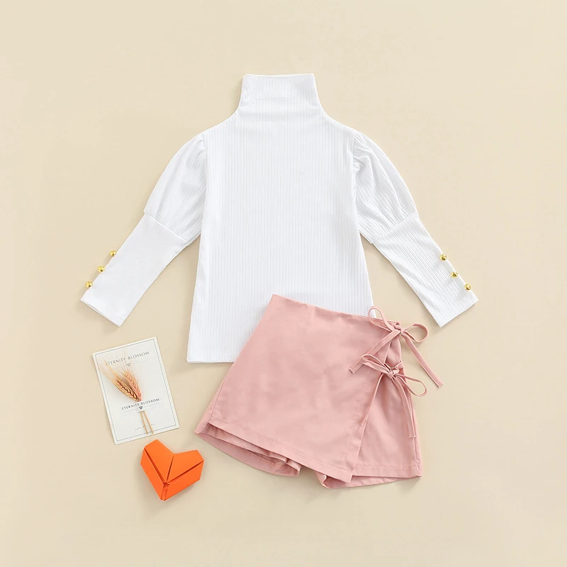 

2Pcs Fashion Girls Outfit Set Solid Color High-Neck Long Sleeves T-Shirt Irregular Shorts for Kids1-6 Years