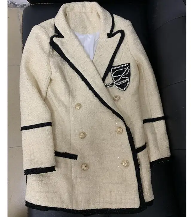 Женский твидовый пиджак элегантный длинный шерстяной дизайнерский подиумный