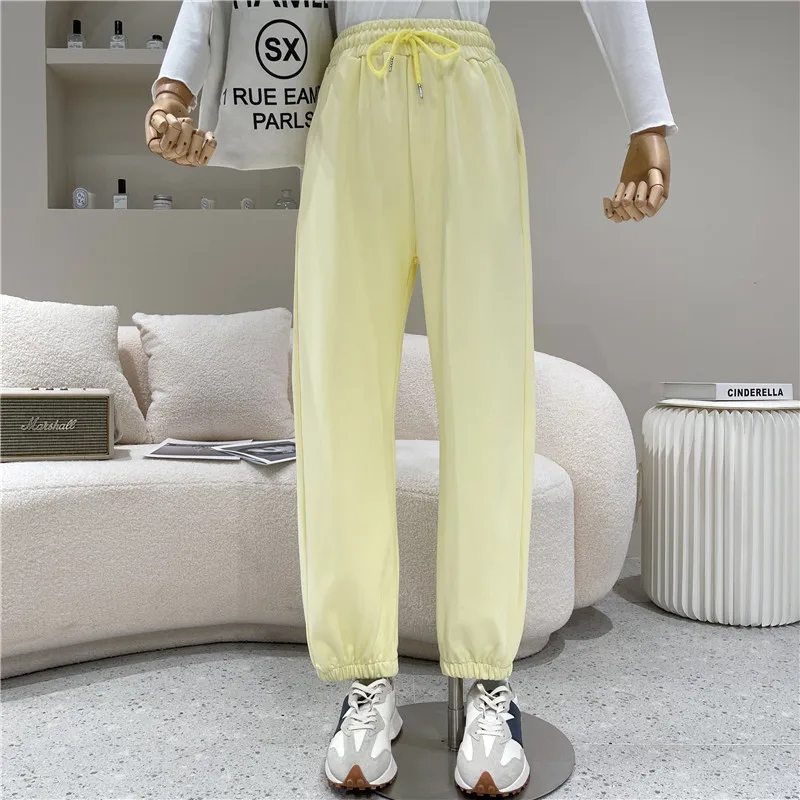 

Women's Spring 2021 Fashion Elastic high waist and thin versatile pants solid color simple sports pants