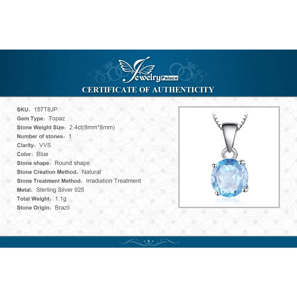 

JewelryPalace Natural Blue Topaz Pendant Necklace 925 Sterling Silver Gemstones Choker Statement Necklace Women No Chain