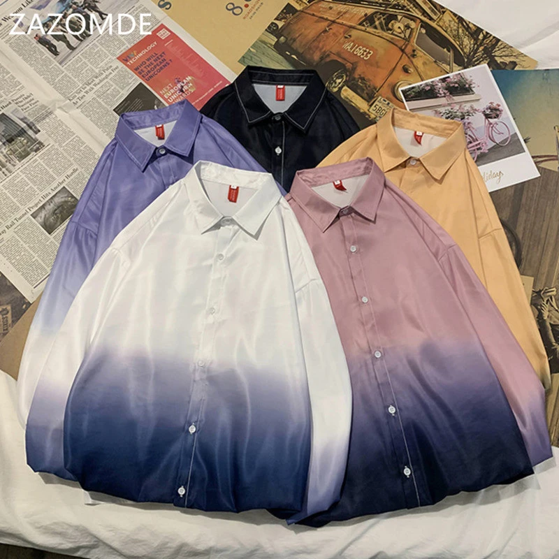 Мужская рубашка с градиентом ZAZOMDE свободная длинным рукавом большие размеры