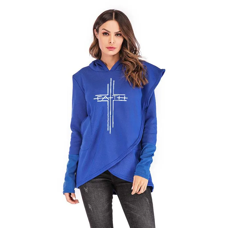 

New Autumn Winter Long Sleeve Pullover Hoodies Sweatshirts Women Clothes Cross Faith Print Tops Hoodie Oversized Warm Sweatshirt
