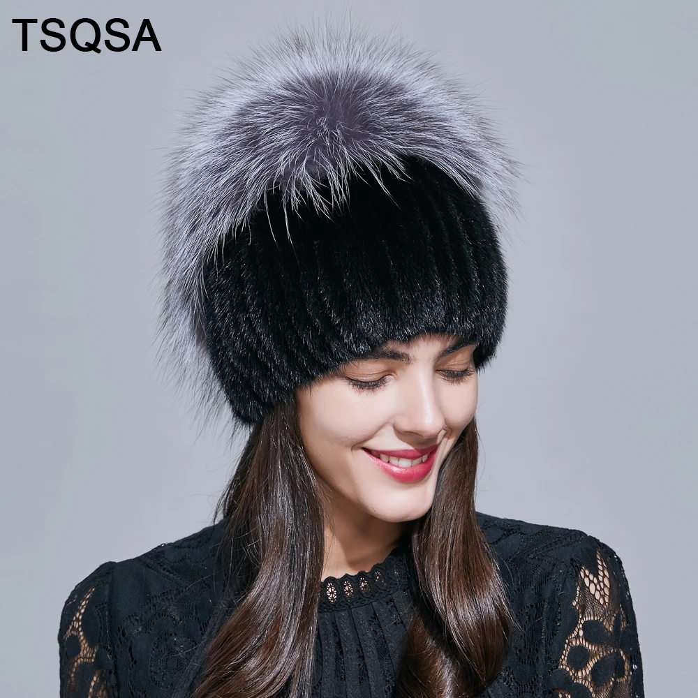 TSQSA 2019 новая зимняя теплая настоящая норковая шапка бини модная женская из