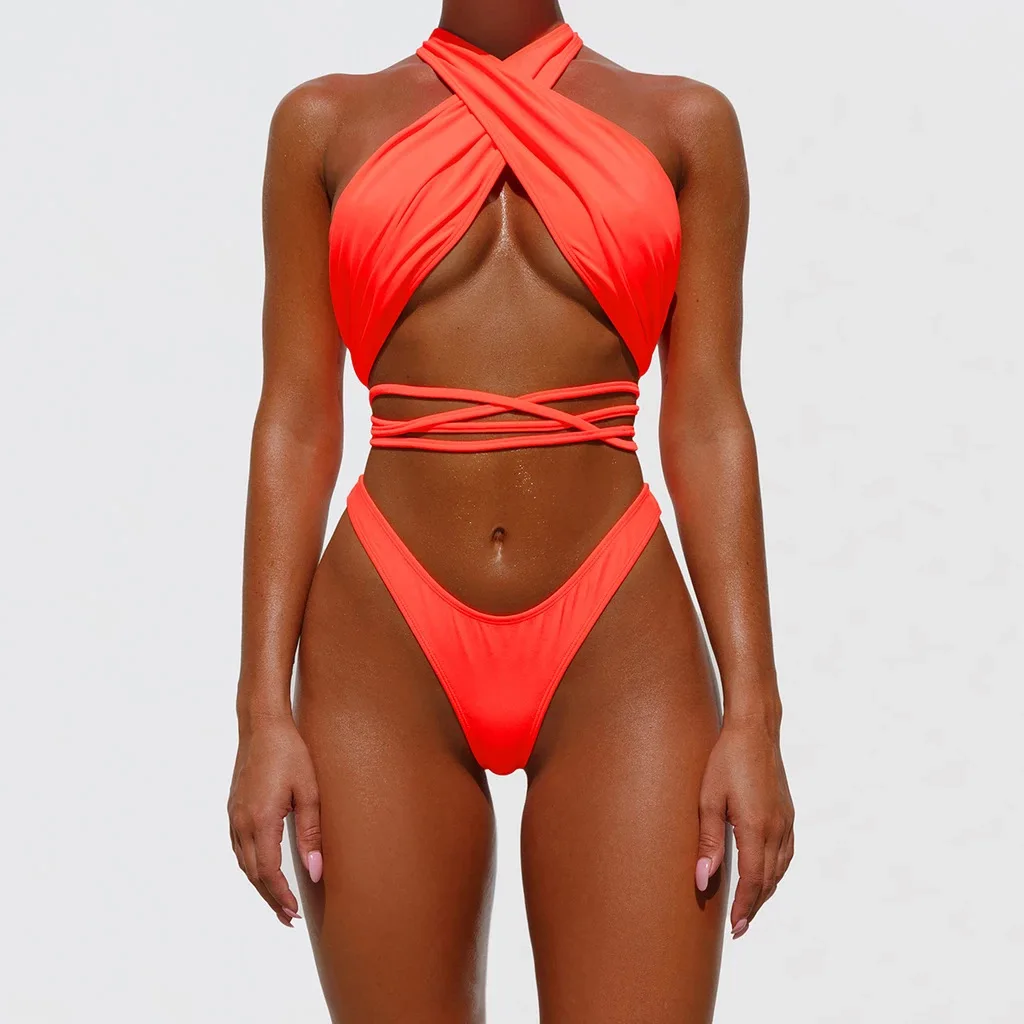 

New Sexy Bikini Swimwear Women Solid Color Conservative Personality Bandage Neck Split Swimsuit Luxury Design Bikini