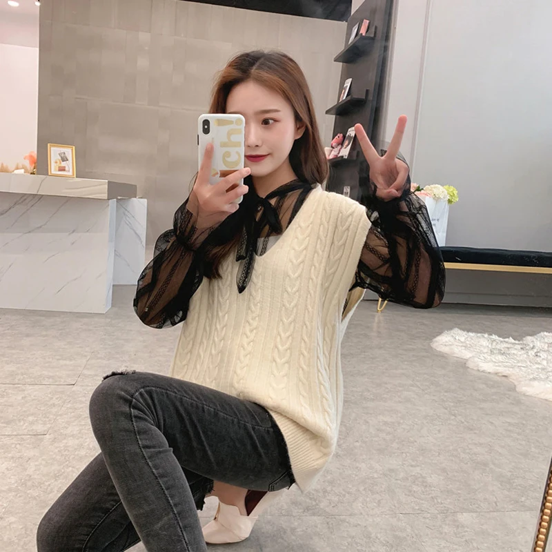Heliar Fall V-Neck Knitting Tanks Sweater Solid Streetwear For Women 2019 Autumn Sleeveless Pullovers | Женская одежда