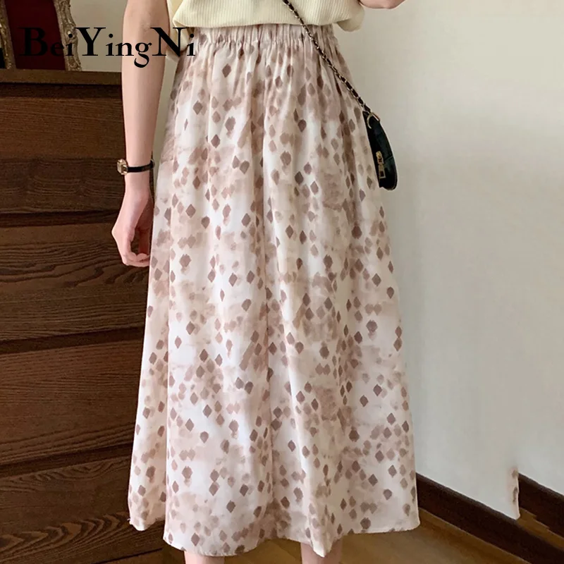 

Beiyingni Elastic High Waist Midi Skirts Women Graphic Printed Leisure Kawaii Korean Fashion Long Cute Skirt Ladies Chiffon Saia