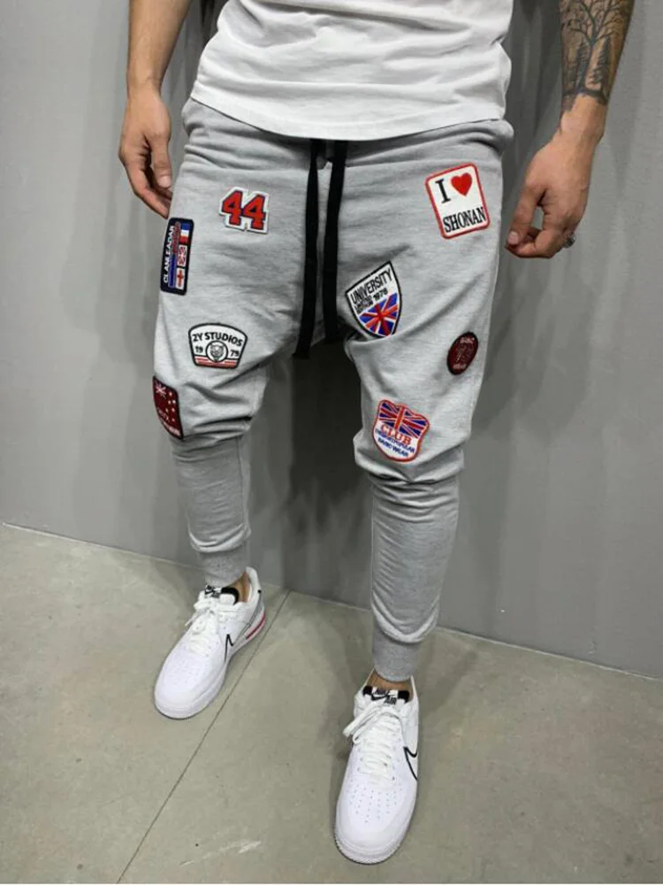 Брюки мужские спортивные с вышивкой Тонкие штаны для фитнеса модные