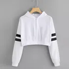 Женские укороченные толстовки, Повседневная однотонная Толстовка с длинным рукавом, свитшот, пуловер с капюшоном, топы, блузка, короткие толстовки с капюшоном в стиле Харадзюку