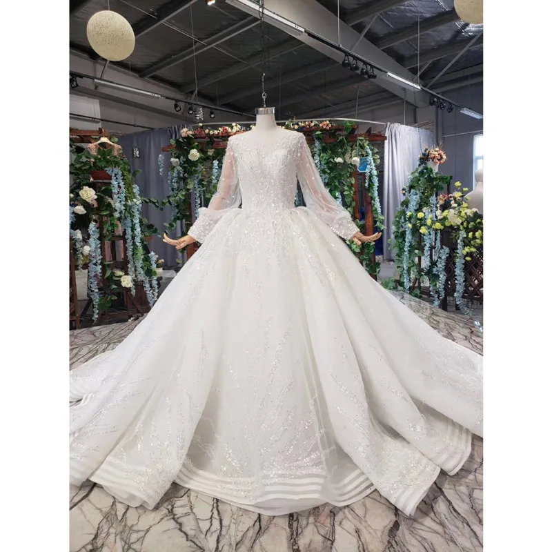 

BGW HT42316 Modest Wedding Dress Bridal Gowns With Train High Neck Long Sleeve Bridal Dress Vestido De Noiva Princesa Com Brilho