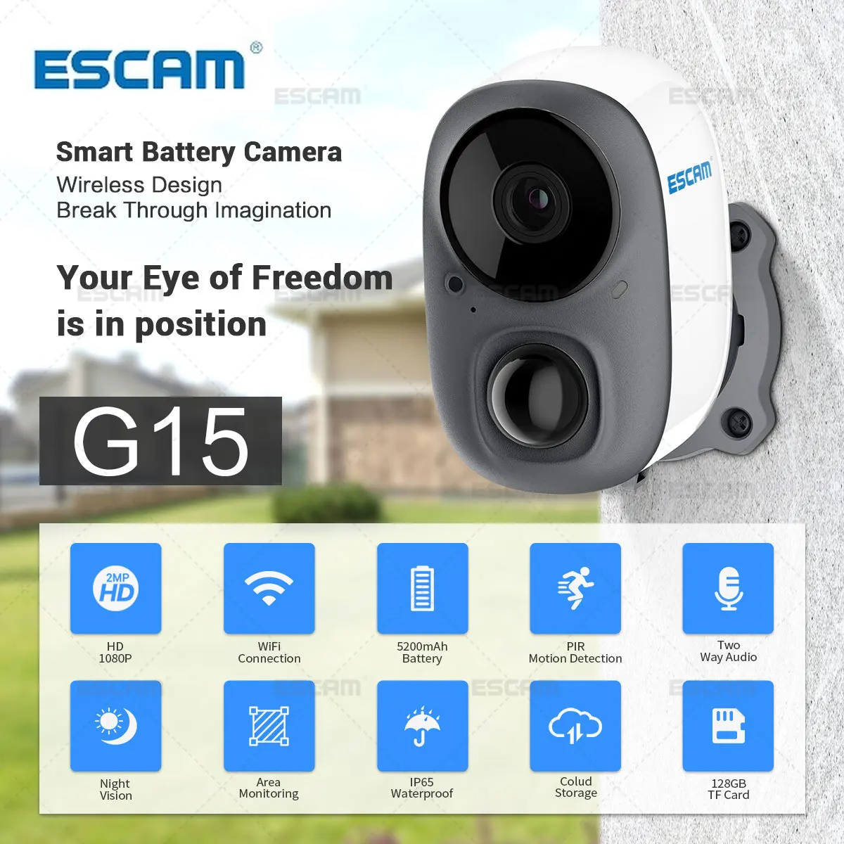 Фото - Уличная камера ESCAM G15, 1080P, Full HD, с ИИ-датчиком, перезаряжаемая батарея, с PIR-сигнализацией, облачным хранилищем, Wi-Fi cmos интраоральная камера с u дисковым хранилищем и wi fi высокого качества