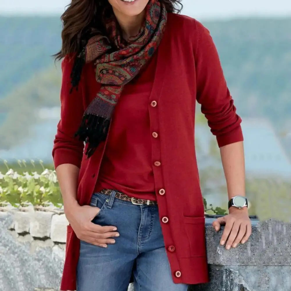 

Женский однобортный Кардиган, повседневный Однотонный свитер с V-образным вырезом, Повседневная зимняя одежда