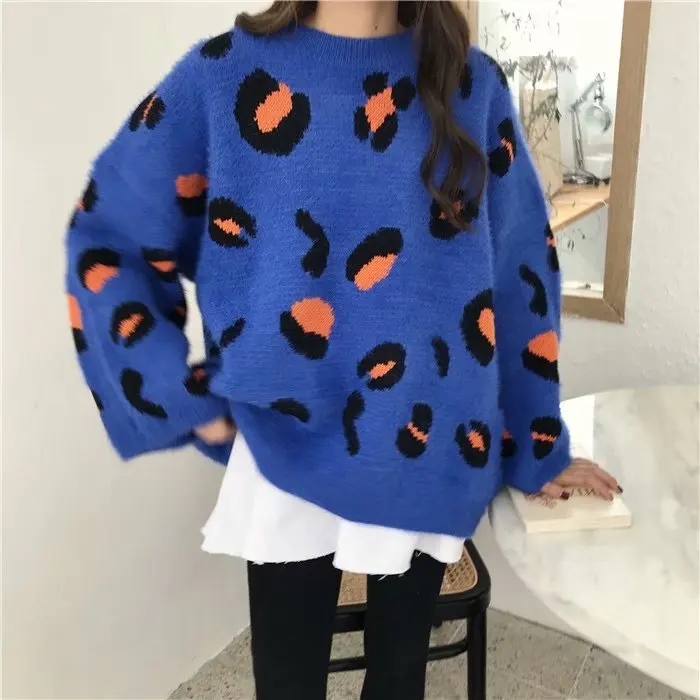 

Women Leopard Sweaters Long Sleeve Casual Loose Knitted Tops o Neck Blue Yellow Warm Top Streetwear Outwear Coat Women Sweater