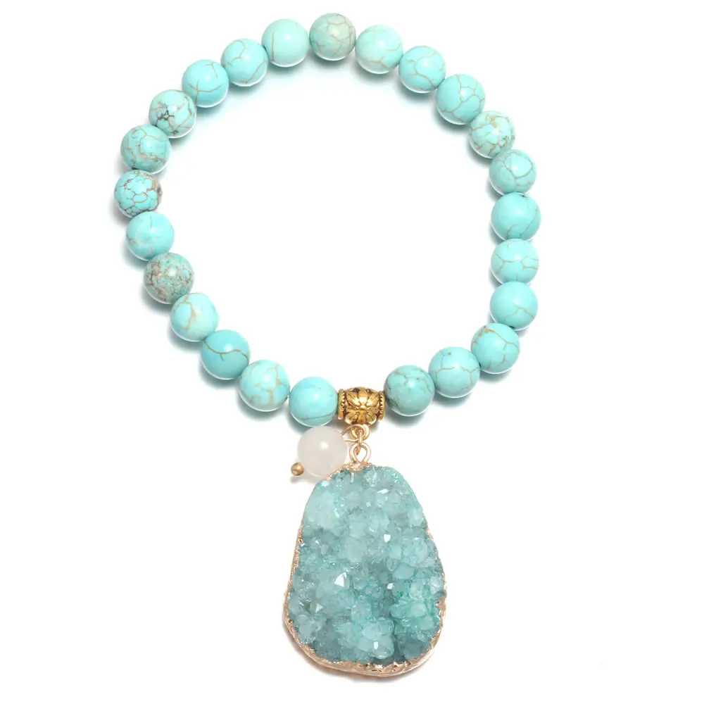 

High-Quality Bracelets Natural Stone Turquoise Round Beads With Agate Pendant Bangle for Women Lady Party Wedding Jewelry Gifts