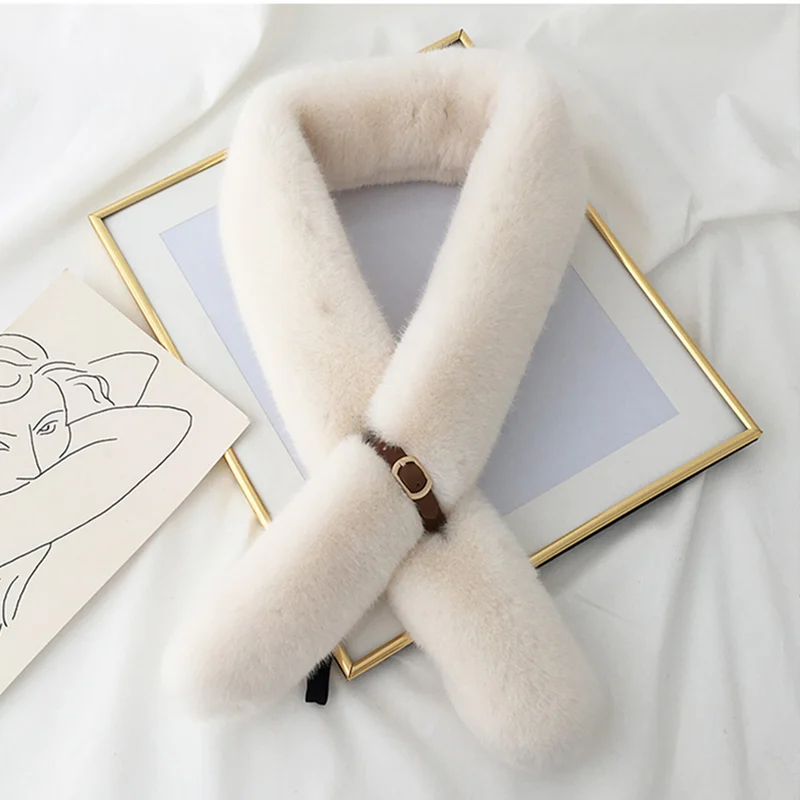 white leather Новинка, Модный мягкий женский шарф с воротником из искусственного кроличьего меха, теплый зимний шарф из плюша и шелка с леопардовым принтом, элегантные шарфы для девушек и девушек - Цвет: white leather