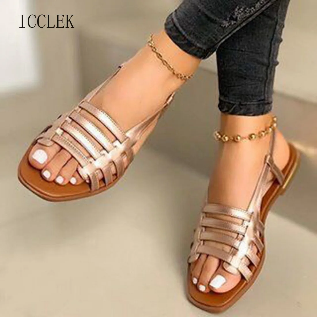 

Flat Sandals Ladies Summer Outdoor Fashion Leather Flat Shoes Round Toe Elegent Slipper Adjustable Buckle Strap Casual sandals