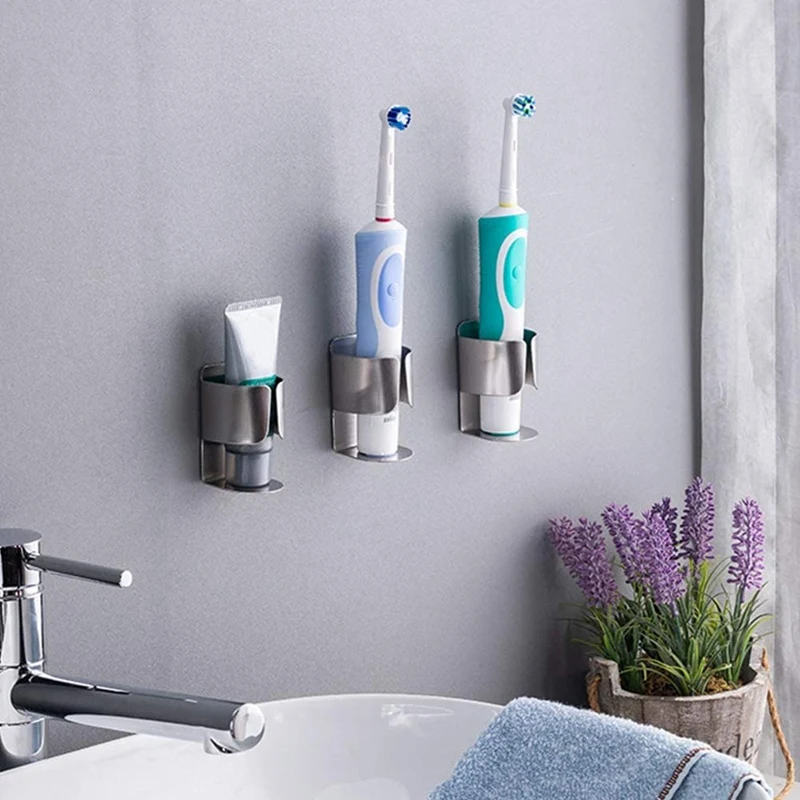 2-Piece Self-Adhesive Wall-Mounted Stainless Steel Electric Toothbrush Holder Bathroom And Kitchen Storage Accessories | Дом и сад