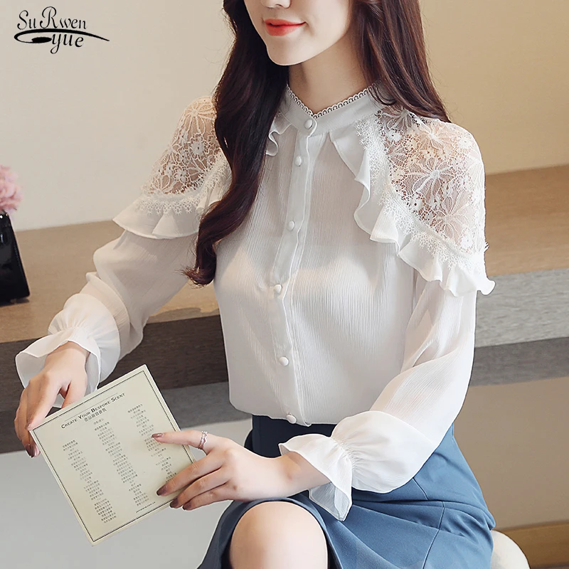 

2020 Long Sleeve Shirt Office Lady Lace Tops White Loose Blouse Solid Stand Collar Chiffon Blouse Women Blusas Mujer 7959 50