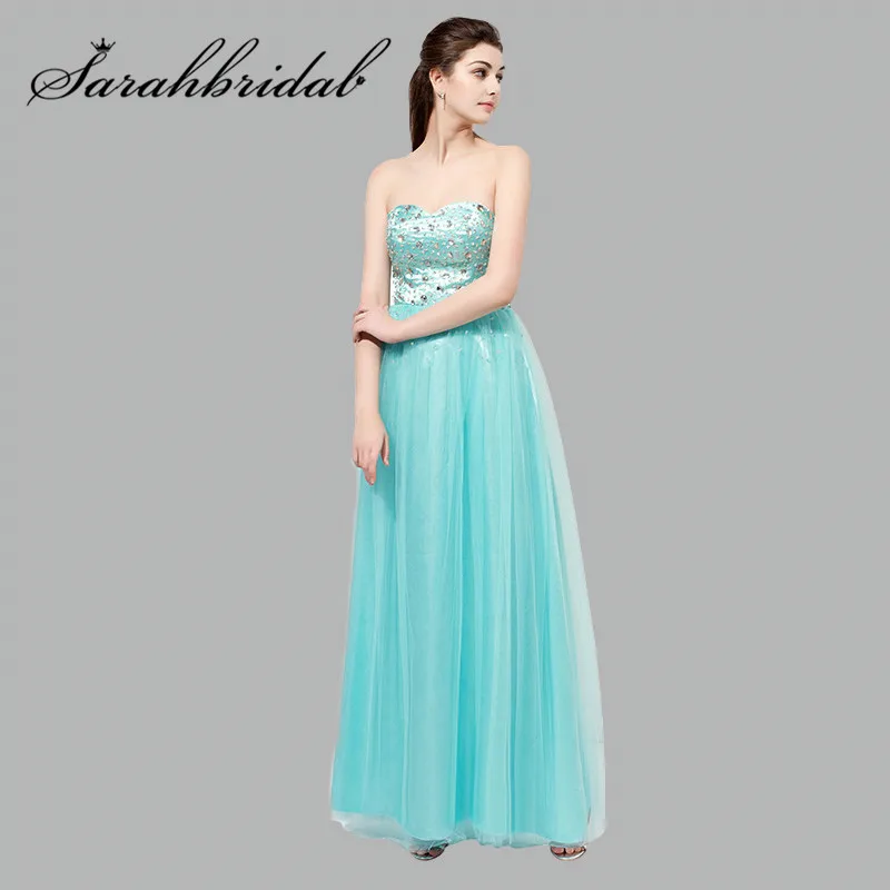 

In Stock A Line Sweetheart Long Prom Dress Backless Tull Sequin Beading Crystal Turquoise Formal Party Gown Robe De Soiree SD084