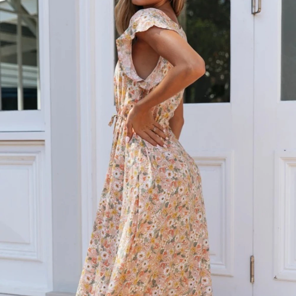 

2021 Summer New Floral Maxi Dress Women's Print Short Sleeve Boho Chiffon Dresses Ruffles Wrap Fashion Vestidos for Female