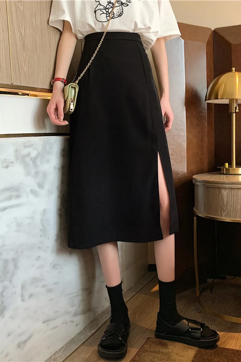 

2021 spring and autumn new high waist long skirt suit split A-line skirt knee length black skirt women's summer