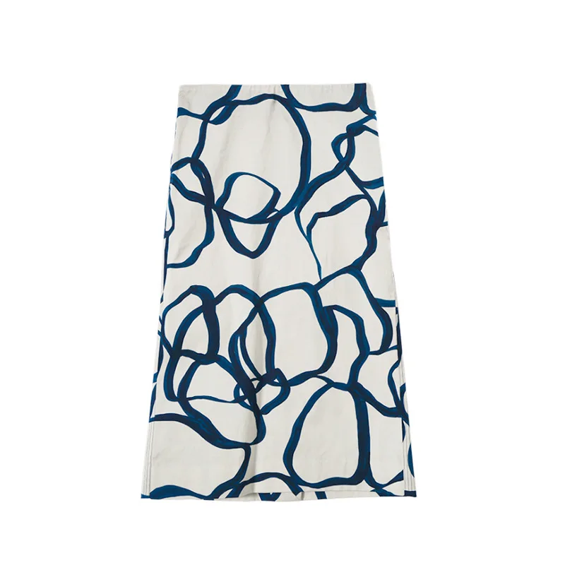 

100% Cotton 2021 Spring and Summer New Fashion Abstract Line Printing Mid-length High-waisted Thin A-line Bag Hip One-step Skirt