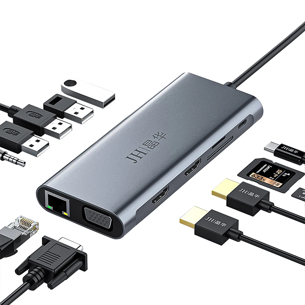 

Док-станция USB C с двумя мониторами 12 в 1, док-станция для ноутбука, совместимая с портами HDMI, 4K, VGA, USB + SD/TF + USB C PD