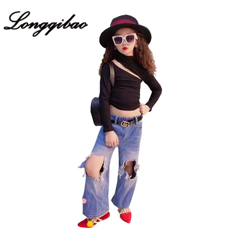 

Summer New Children's T-shirt Girl's European and American Sexy Asymmetric Detachable Double Purpose Slim off-Shoulder Cool Top