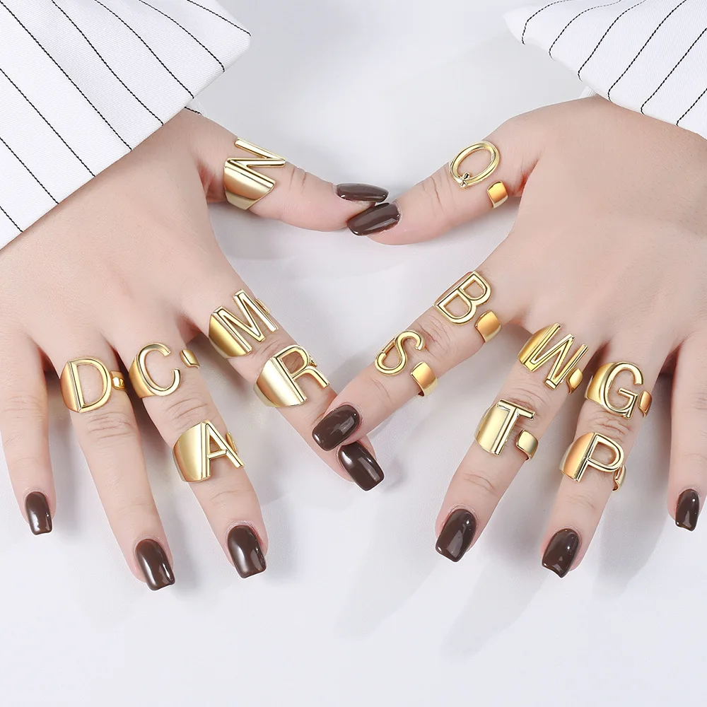 

Fanqieliu 925 Sterling Silver Ring For Women Vintage Letter A To Z Adjustable Gold Cuff Ring FQL20488