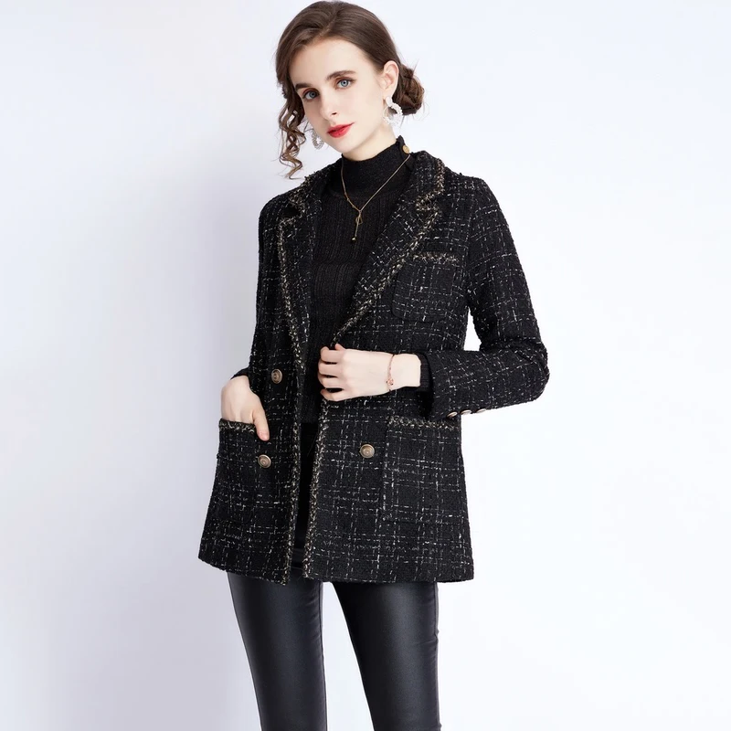 New Women Tweed Wool Blends Jacket Spring Autumn Elegant Fashion Suits Collar Double Breasted Loose Plaid Black Coat Female