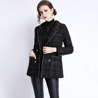new women tweed woolen jacket early spring 2022 elegant fashion suit collar double breasted loose plaid black suit wool coat
