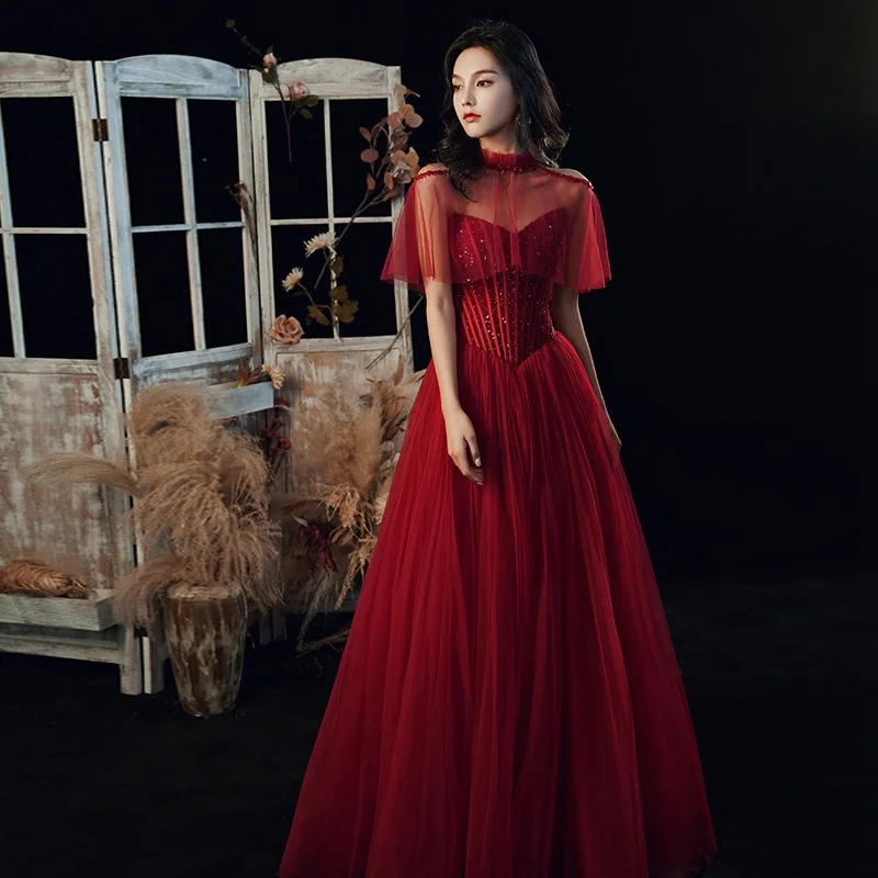 

Removable Lace cover Shawl Evening Dress Sequins Evening Dresses Women Robe De Soiree Bride Formal Gowns Cheongsam