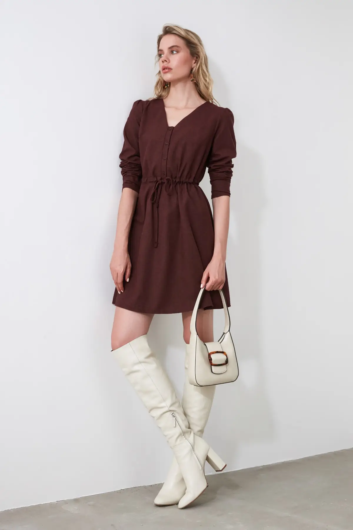 Бордовое платье с завязкой на талии TCLAW19AP0165 | Женская одежда