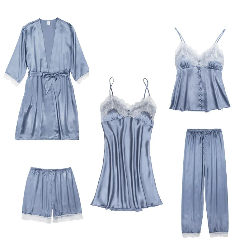 

Пижамный комплект женский из 5 предметов, однотонная кружевная пикантная одежда для сна из искусственного шелка, тонкий атласный комплект, ...